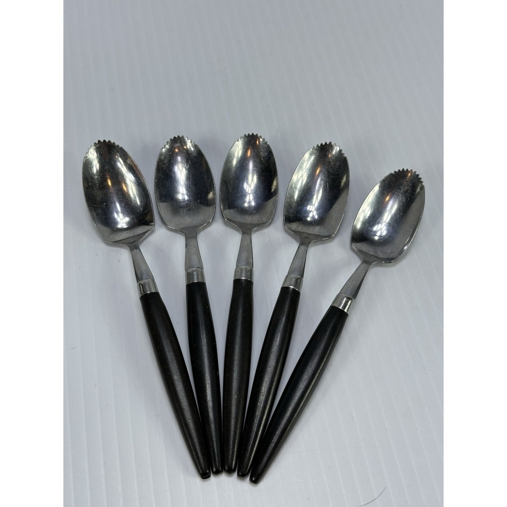 5 Vintage Serrated Citrus Stainless Spoons Black Plastic Handle 6" Japan